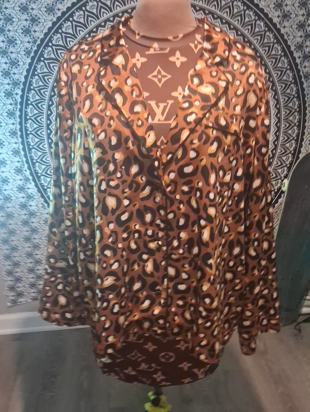 Express x Ladygang Leopard Print Pajama Style Button Down Blouse x Leopard Print